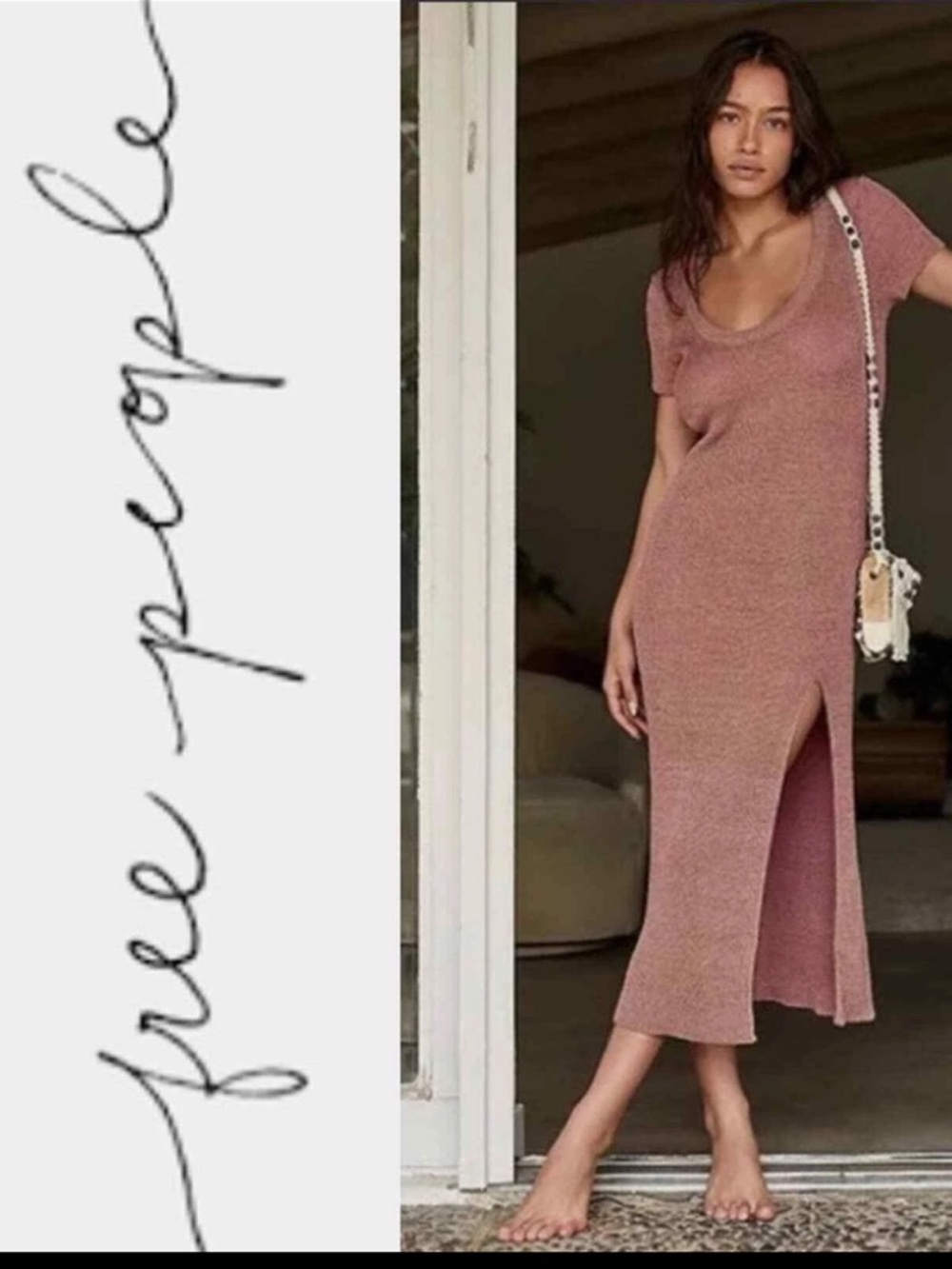 Free People FP Beach Rose Knit V-Neck Midi Dress Small Mauve Boho S/P
